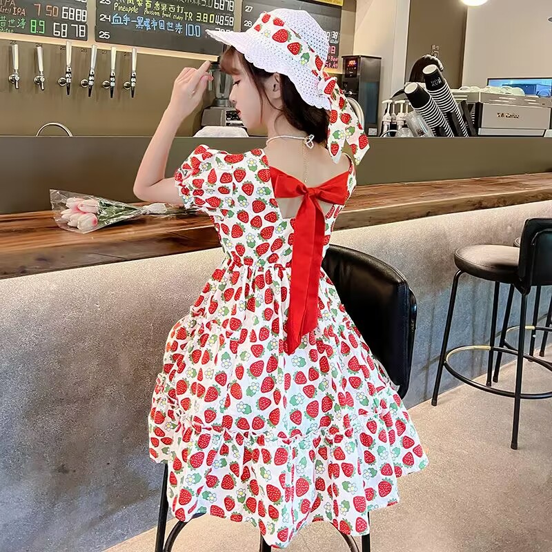 Girl's Skirt Summer Short-sleeved Stylish Fashion Floral Princess Skirt Summer Thin Strawberry Skirt Children's Dress Summer