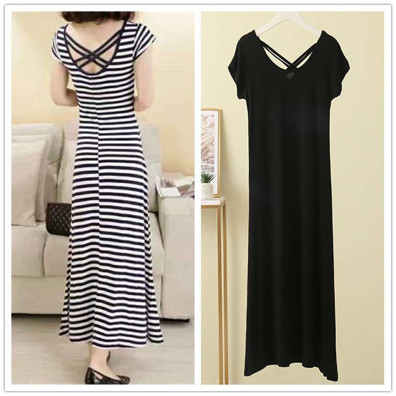 Picture of Modal Beautiful Back Cross Sexy Long Skirt Elegant Simple Short-Sleeved Dress Summer Thin Stripesd Skirt