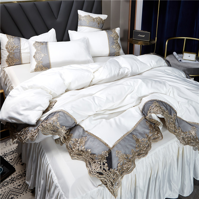 A generation of princess wind lace side bed four-piece set washed ice silk silk bed sheets bed skirt white bedspread