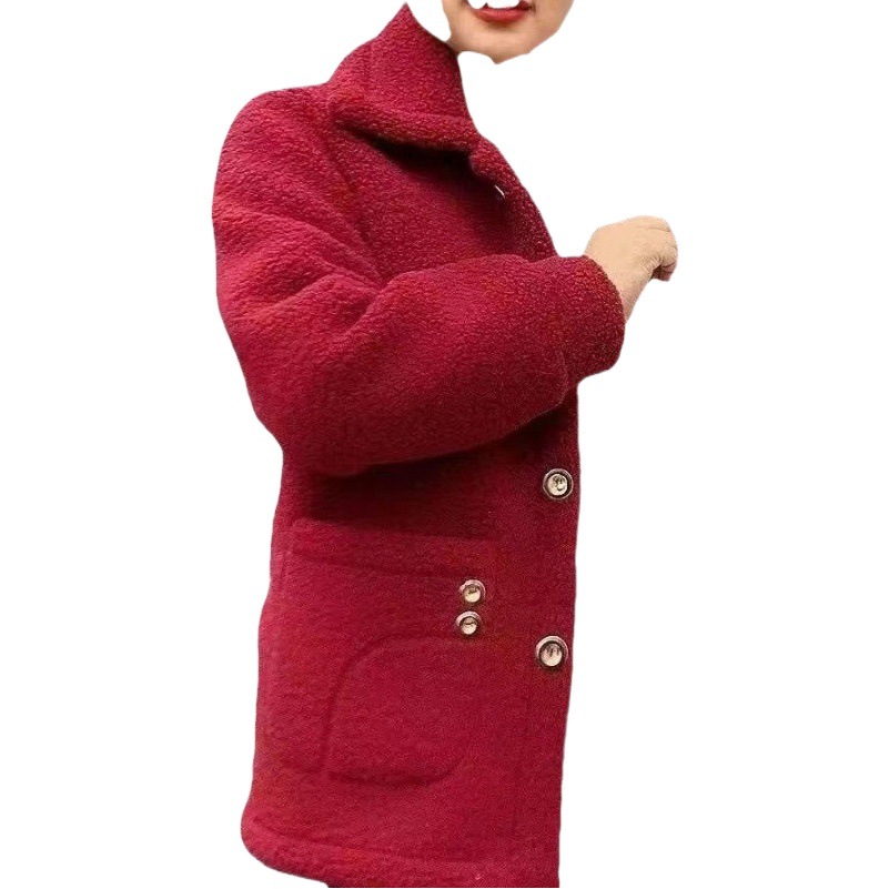 Fleece-lined thick faux lambswool fur mother's mid-length coat leather warm coat for women