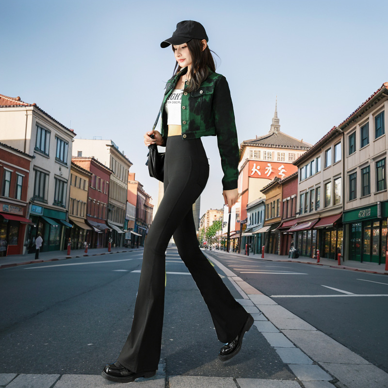 Picture of Shark Slip Pants Women's Spring and Autumn Thin High Waist Dagging chubby girl plus size Slim-Fit Trousers Black Flared Trousers