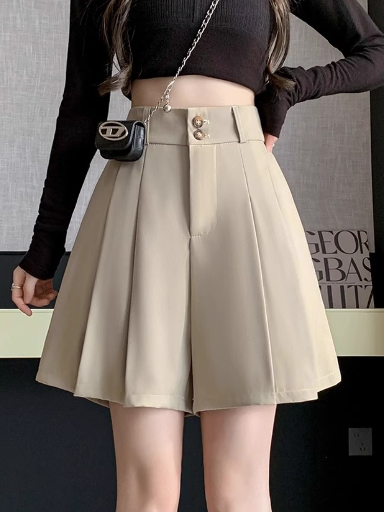 High Waist Suit Shorts Women's Shorty Pants Autumn 2024 Pleated Pants Skirt A- line Pants Black Wide Leg Women's Pants