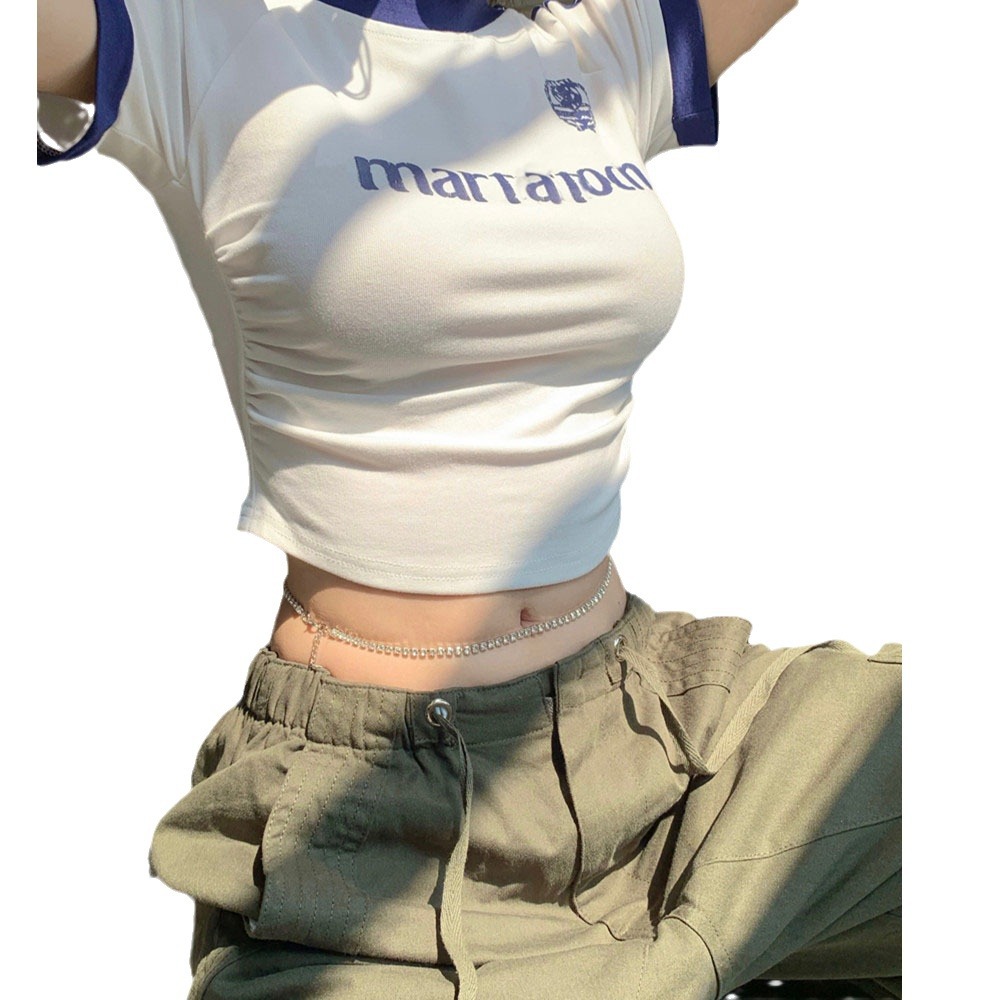 Picture of 2024 New Short-sleeved T-shirt Women's Inner Summer Crewneck Design Sense Stitching Contrast Color Letter Short Spice Girl Slim-fit Top