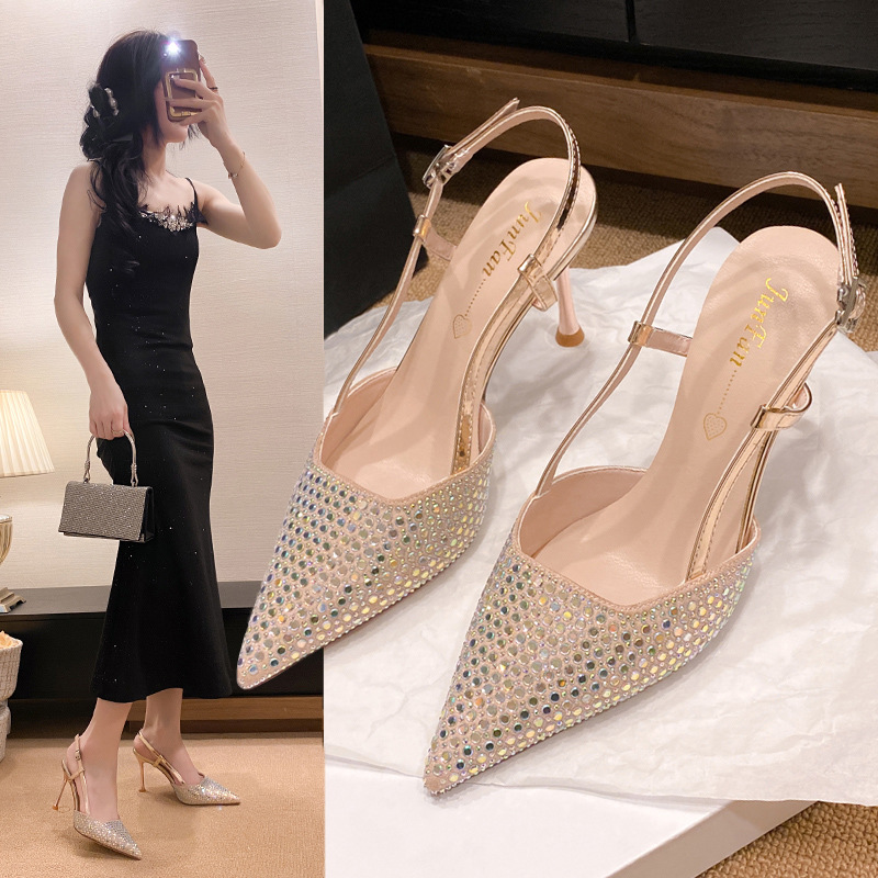 Temperament pointed full of diamond high-heeled baotou sandals wholesale summer new silver word with empty heel long legs