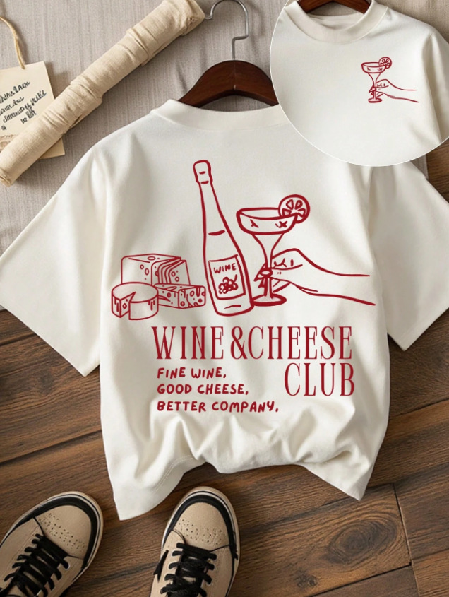Wine and Cheese Club Printed Round Neck Short-Sleeved T-Shirt Pure Cotton Summer New Cross-Border Xiyin Hot Style