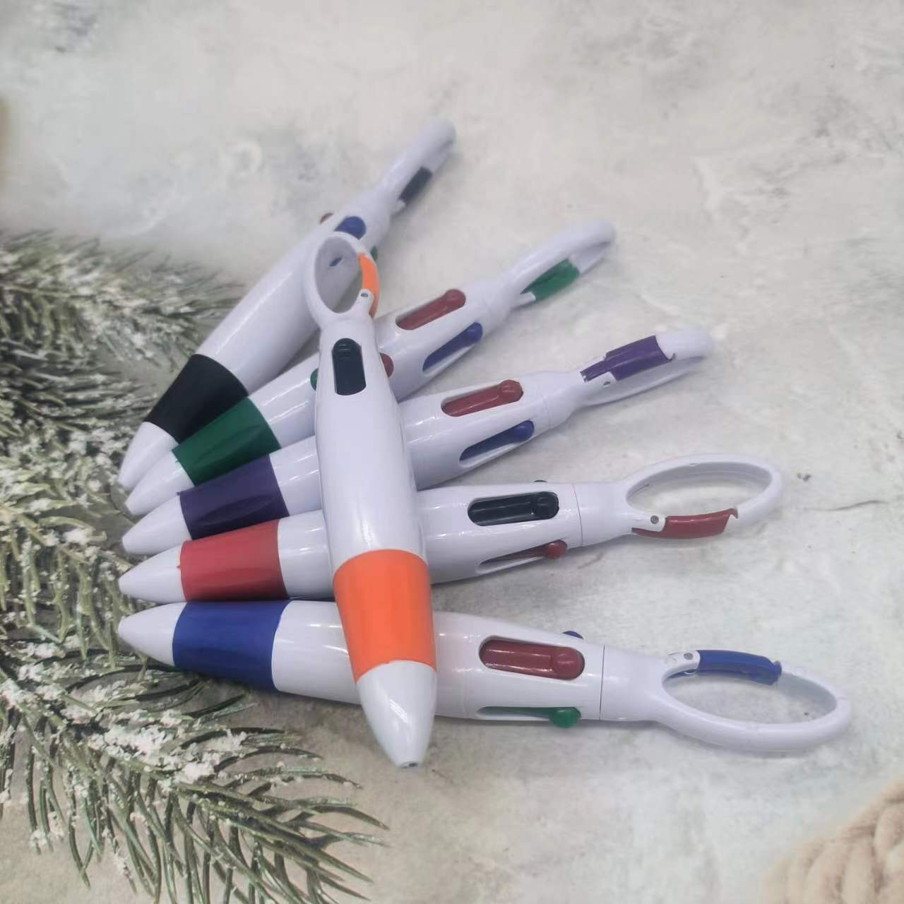 Plastic Mountaineering Buckle Ballpoint Pen Wholesale Rubber Sheath Anti-Lost Jumping Four Color Pen Square Pendant Pen Advertising Pen