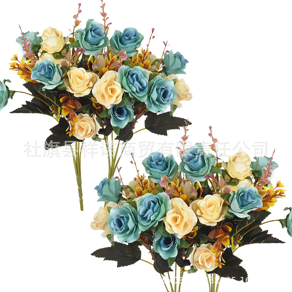 Cross-Border 12 European-style diamond small rose artificial flower flower silk flower Home Hotel wedding holding flower decoration