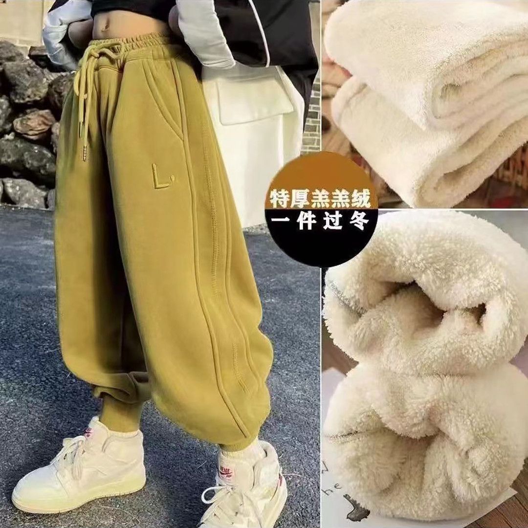 Picture of Girls' Thick Velvet Winter Sports Pants Autumn and Winter New Style Lamb Velvet Boys' Warm Sweatpants Kidsren's Trendy