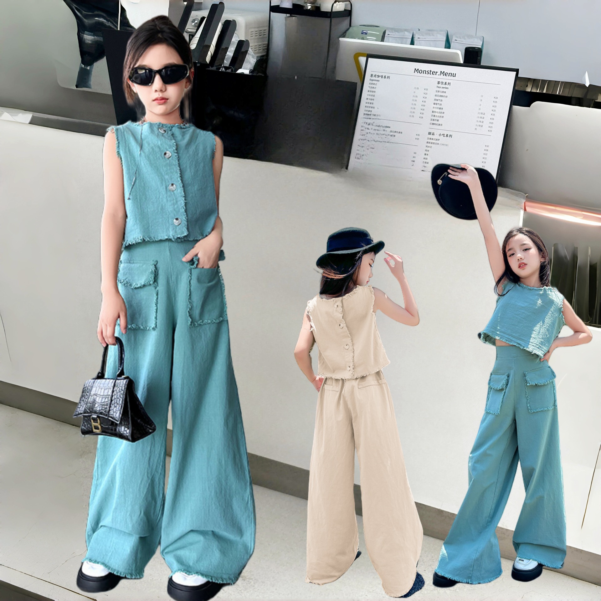 Cross-border Girls' Summer Thin Sleeveless Casual Two-piece Set 2025 New Children's Solid Color Korean-style suit