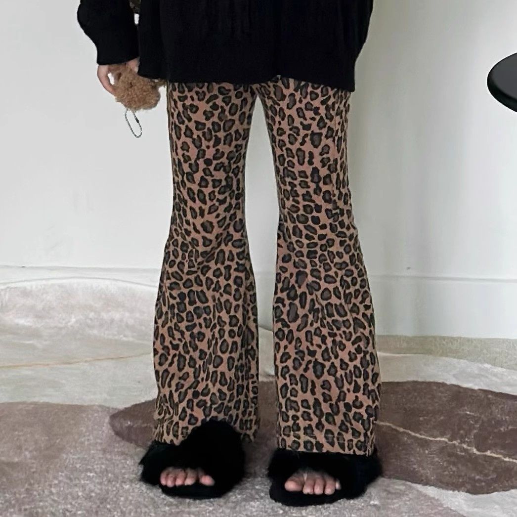 Tian Tian very sweet new girls autumn and winter pole-level sense leopard flared pants children's fashionable all-match trousers