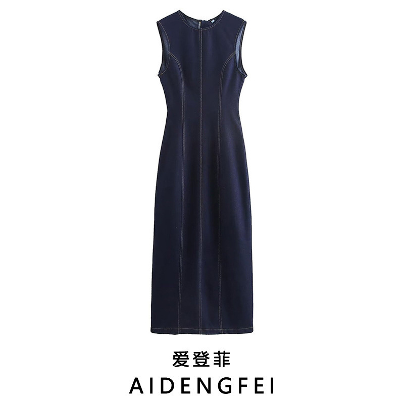 European and American Autumn and Winter New Women's Cotton Sleeveless Crewneck Zipper Rear Split Denim Midi Dress Trendy 6147163