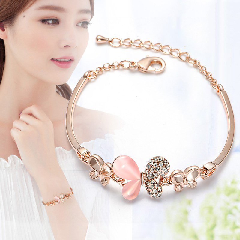 Korean Style Cross-Border Pink Butterfly Bracelet for Women, Gold-Plated Jewelry, Popular Sweet and Simple Diamond-Encrusted Bracelet Wholesale Chain