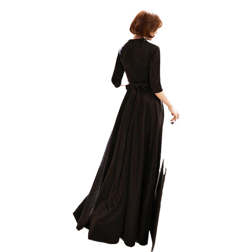 Black annual party evening dress for women 2024 Summer new elegant banquet socialite long slim V-neck slimming chorus dress