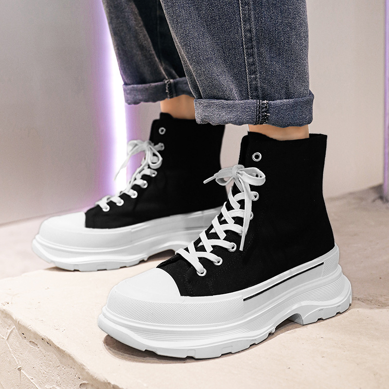 Winter Men's High-Top Canvas Shoes Wholesale Youth Platform Heightening Sneakers Hong Kong Style Versatile Casual Shoes for Men