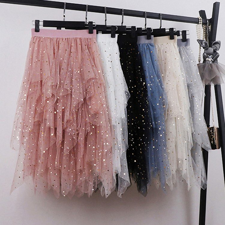 Spring and summer new sparkling high-waisted star sequins fairy puffy skirt irregular mesh skirt long skirt