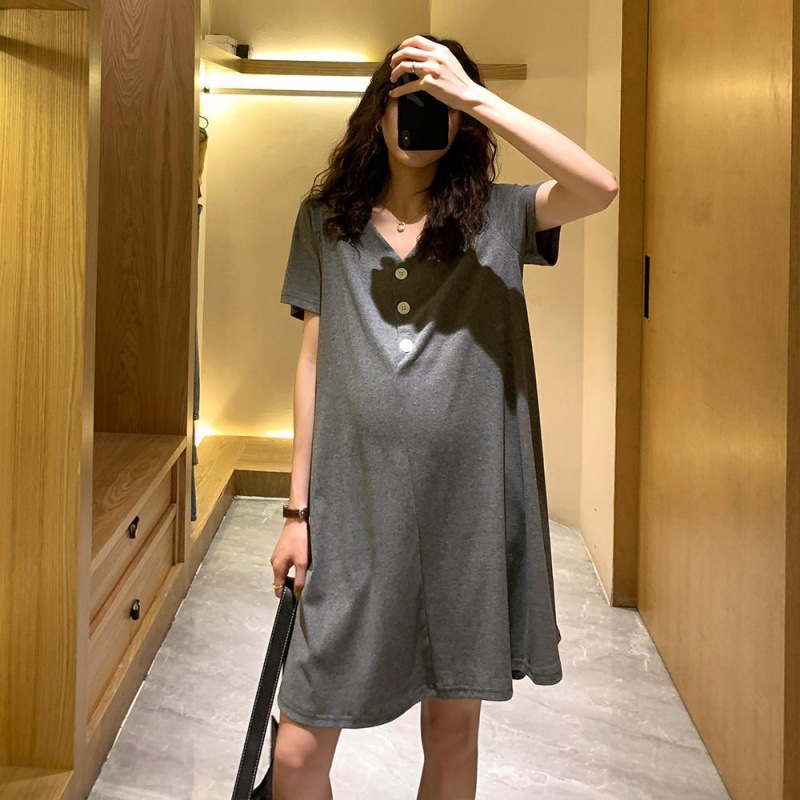 Pregnant Women's Summer Dress Pregnant Women's Western Style T-shirt Fashionable Color Large Size Korean Style Mid-Long Trendy Casual Dress for Mom Women