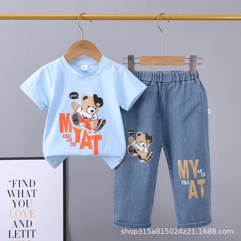 Picture of Summer 2024 new 0-5 years old children's suit cartoon car animal crew neck short sleeve jeans two piece cotton