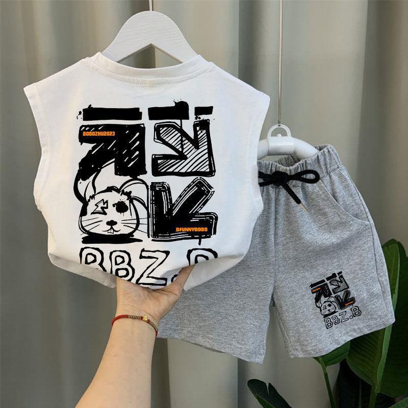 2025 Kidsren's Clothing Boys Summer Suit Kidsren's Vest Two-Piece Set Sleeveless T-Shirt Pure Cotton Loose Little Boy Summer