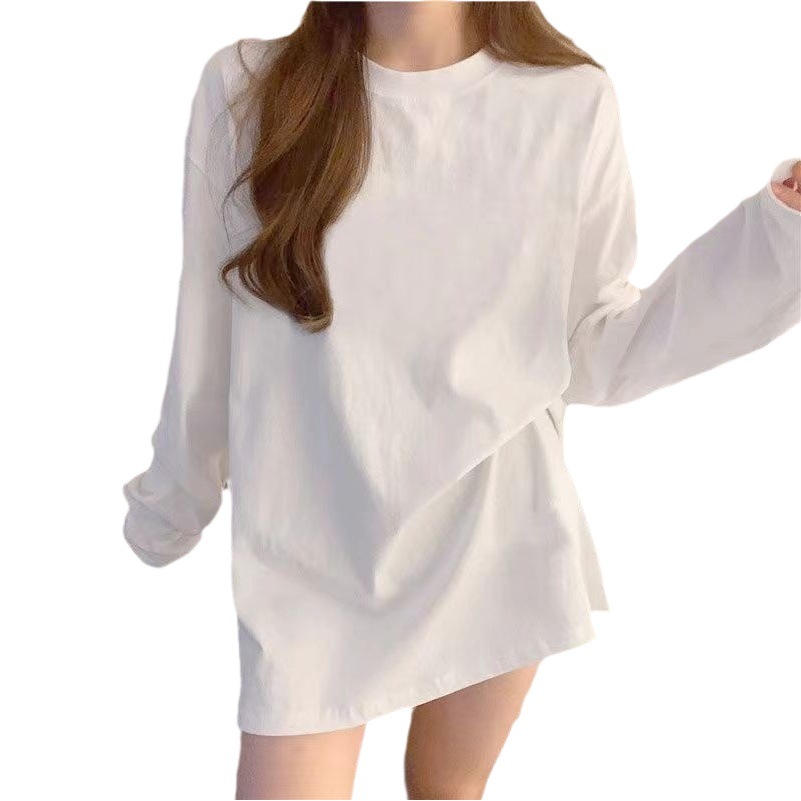 Women's cotton long-sleeved t-shirt spring and autumn loose inner round neck bottoming shirt high-grade slimming solid color same style for men and women