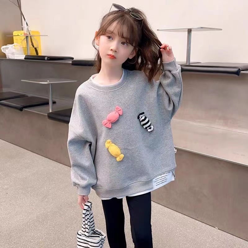 Girls' sweater Autumn 2023 New Girl's wide gray long sleeve Spring and Autumn Mid-length children's casual top