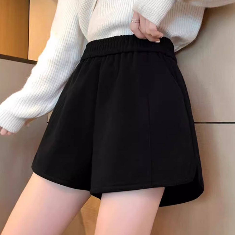 Black Woolen Shorts Women's Autumn and Winter Staggy Waist Wide Leg Outer Wear Boots Pants 2024 New Style Small High Waist A- Shaped Pants