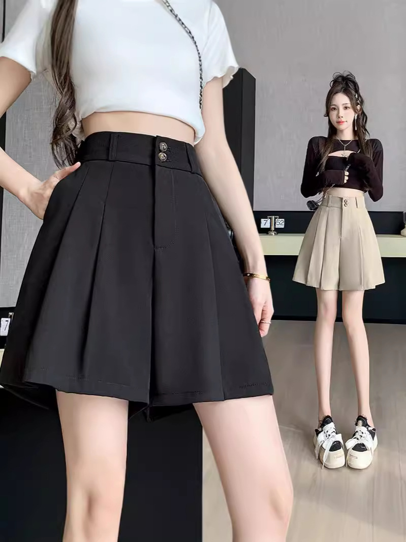 Real Shot Suit Belly Shorts Women's Spring and Summer 2024 New High Waist A- Shown Casual Base Wearing Wide-Leg Hot Pants