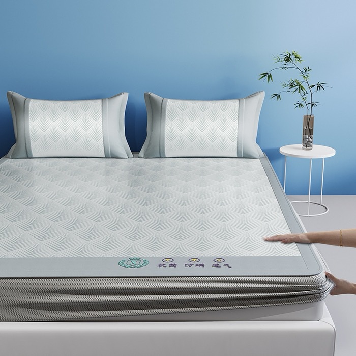 Picture of Class A antibacterial summer ice silk mat three-piece set machine washable folding summer air conditioning ice silk mat bed hat soft mat