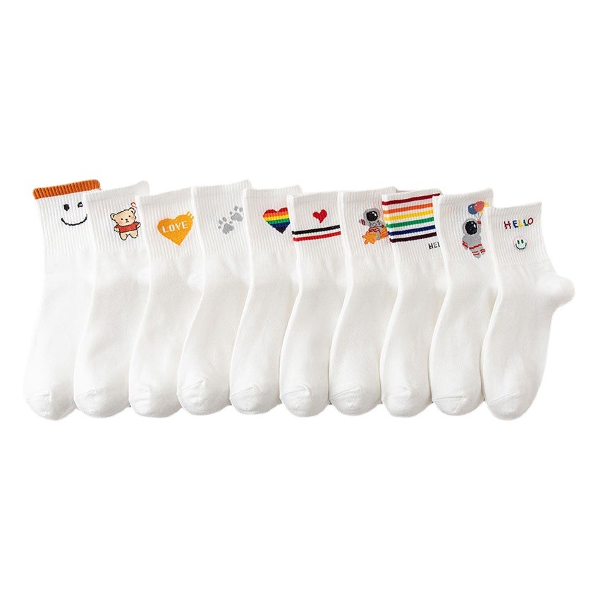 Autumn and Winter Women's Socks Middle Barrel White Cartoon Student Bear Rainbow Letters Love Smiley Striped Sports Korean Style Women's Socks