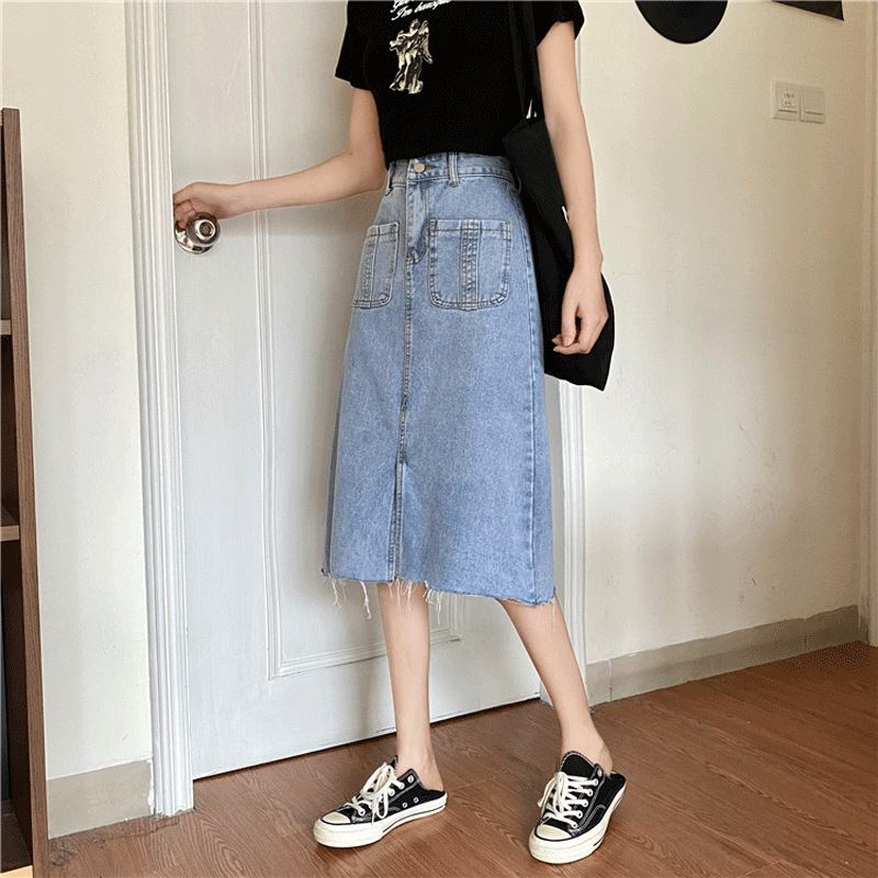 2024 Summer New Retro Hong Kong-style Mid-length Denim Skirt Women's Distinctive High Waist Slimming Split Hip Skirt