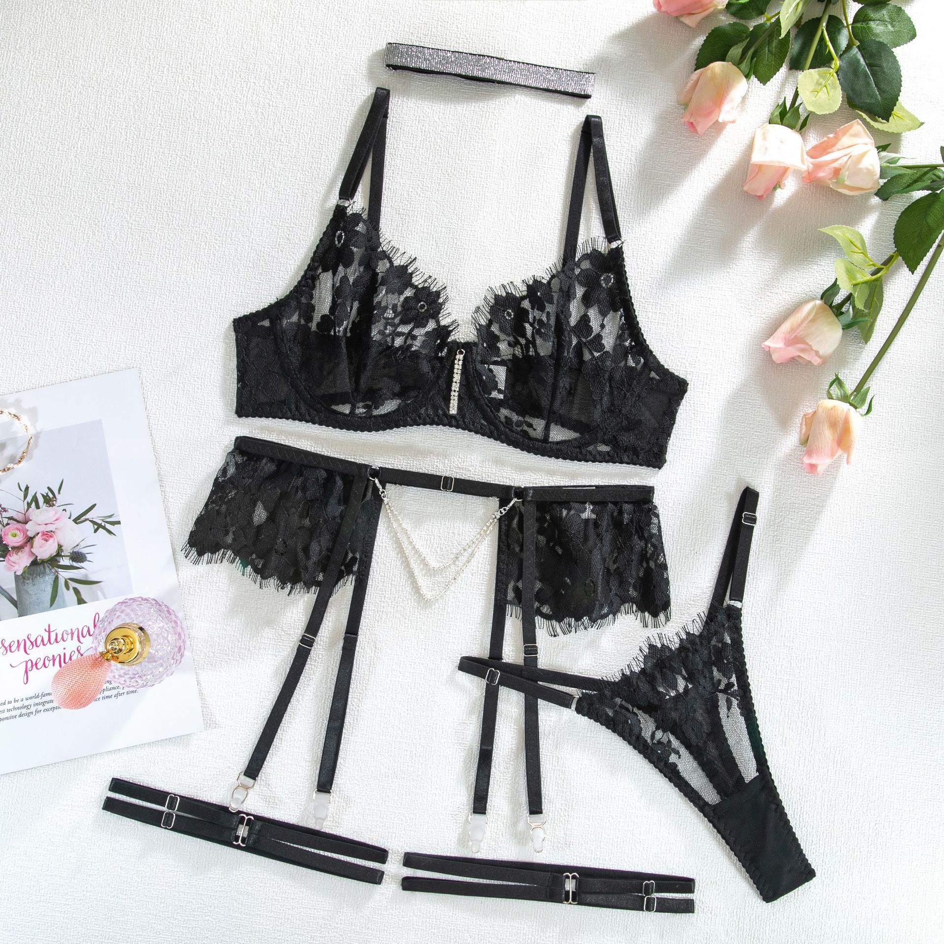 Picture of Foreign Trade New Lace Diamond Collar Intimates Five-Piece Set Cross-Border Sexy Intimates Passion Clothes European and American Ins Style