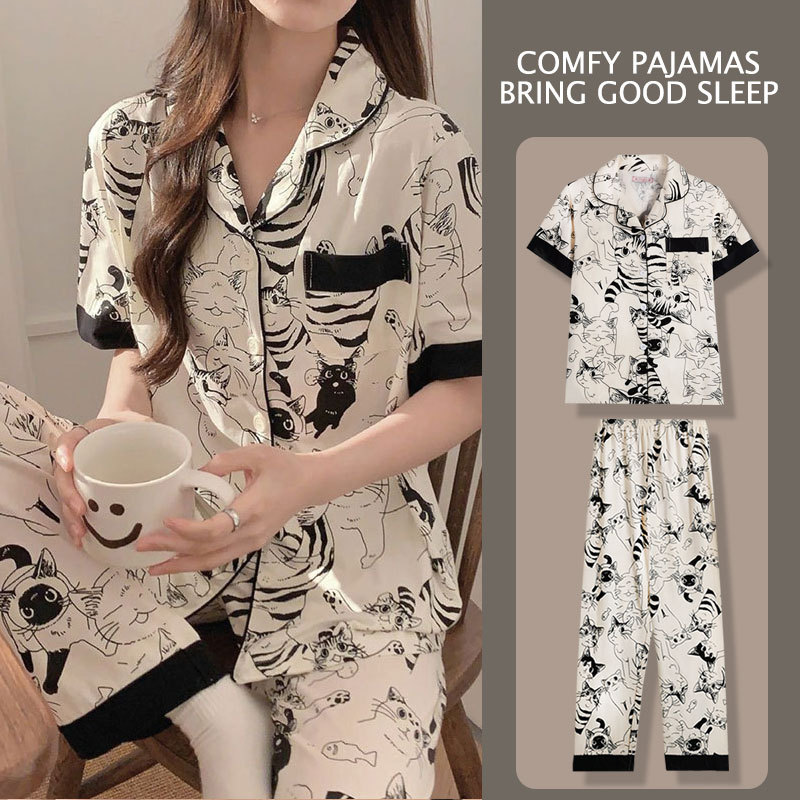 Summer New Cartoon Women's Pajamas Breathable Cartoon Graffiti Cute Cat Short-sleeved Trousers Two-piece Set for Outer Wear