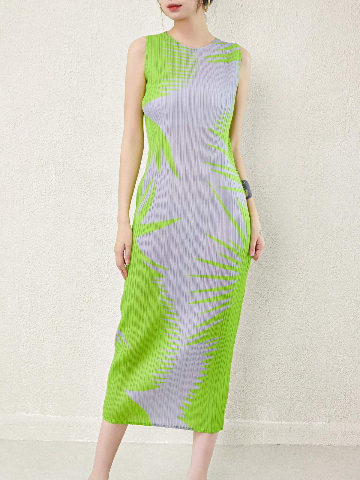 Miyake Summer Elegant Round Neck Slim Vest dress New Printed Sleeveless High-end Pleated Fashionable Base Dress