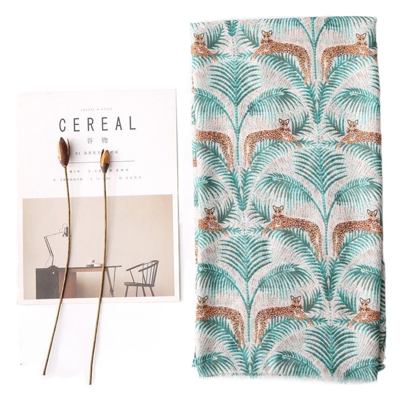 Spring and Summer New Tropical Plant Leopard Cotton Linen Shawl Scarf Women's Dual-use Air Conditioning Sunscreen Scarf Silk Scarf Beach Towel