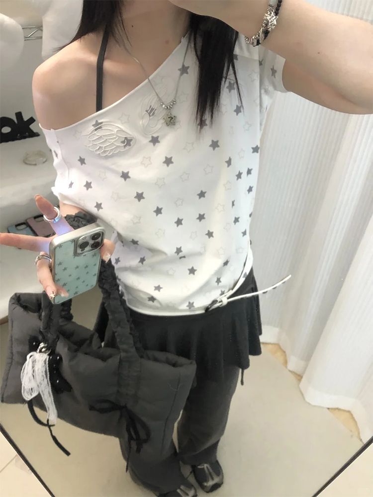 American Sexy Slanted Shoulder Short-Sleeved T-Shirt for Women in Summer with Stars Printed with Wings Embroider Design One-Shoulder Sweet and Spicy Top