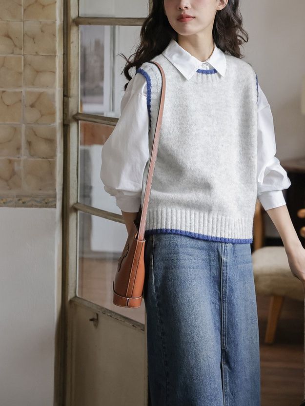 Blue Snow Mountain/Nordic style gray sweater vest autumn women's retro sweater stacked vest top new
