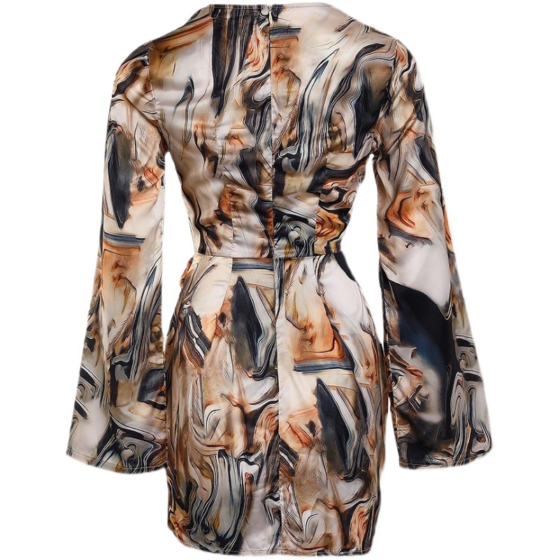 2023Wish Amazon Cross-Border New Long-Sleeved Printed Dress V Neck Sexy Asymmetrical Dress for Women