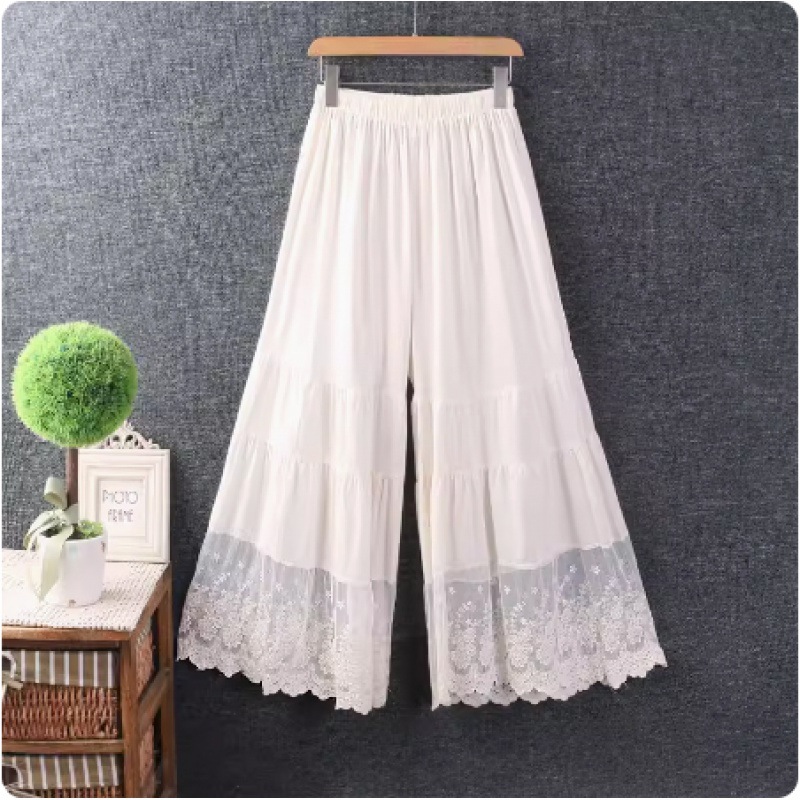 Spring New Women's Clothing Japanese Style Style Style Small Fresh Elastic Waist Lace Splicing Leggings Woven Cotton Wide Leg Pants