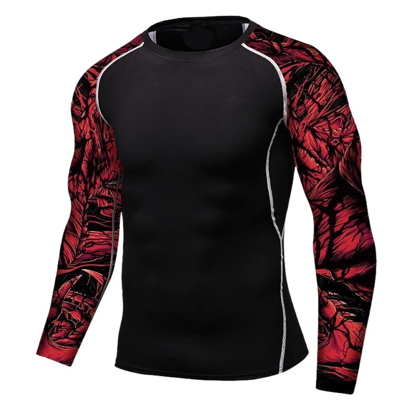 New Men's Fitness Clothes Sleeve Printed Sports Tight Long Sleeve Sweat-wicking Stretch Running T-shirt Compressed Cycling