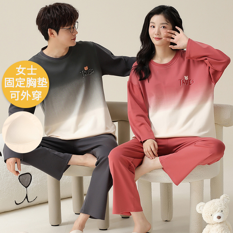 Couple Pajamas Women with Chest Pad Spring and Autumn Cotton Casual Long-sleeved Women's Couples Autumn and Winter Home Clothes suit Men