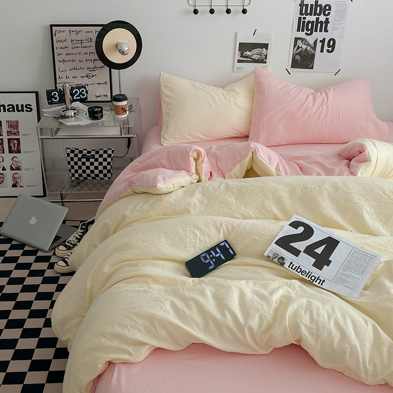 Picture of Four-piece bed set A can sleep naked wash cotton quilt cover solid color bed sheets student dormitory three-piece bed hat wholesale 4