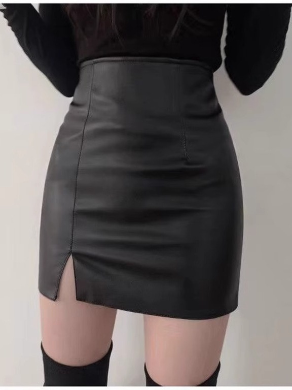 Black slit small leather skirt skirt women's autumn new tight high waist hip slimming step skirt PU leather short skirt