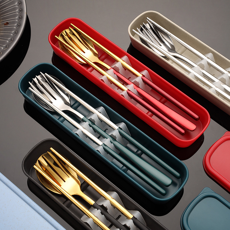 Picture of Stainless steel portable tableware fork spoon chopsticks suit Korean three-piece outdoor gift student tableware suit
