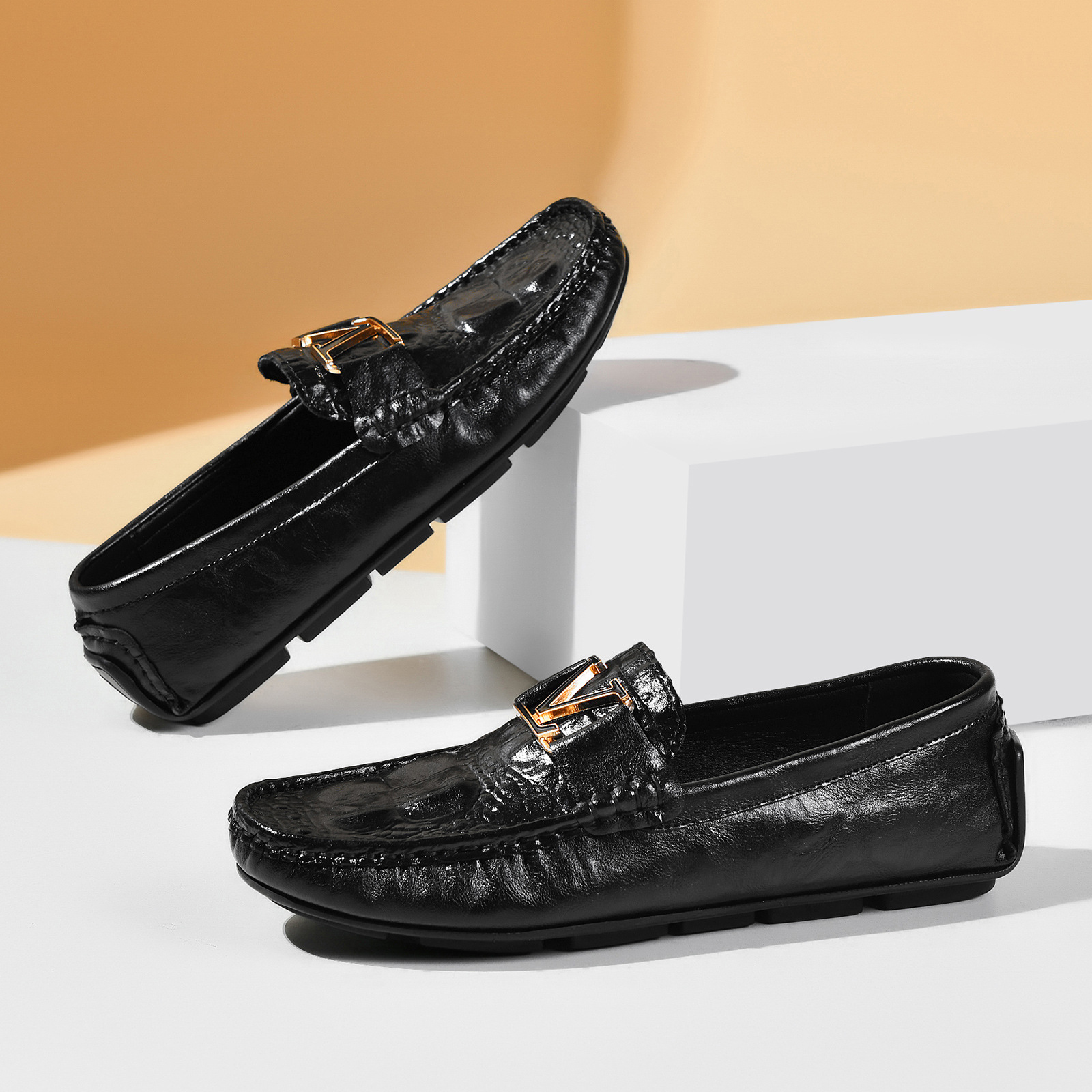 Live Crocodile Pattern Beanie Shoes Cross-border Lazy Driving Shoes British Casual Men's Leather Shoes Genuine Leather Cowhide Men's Shoes