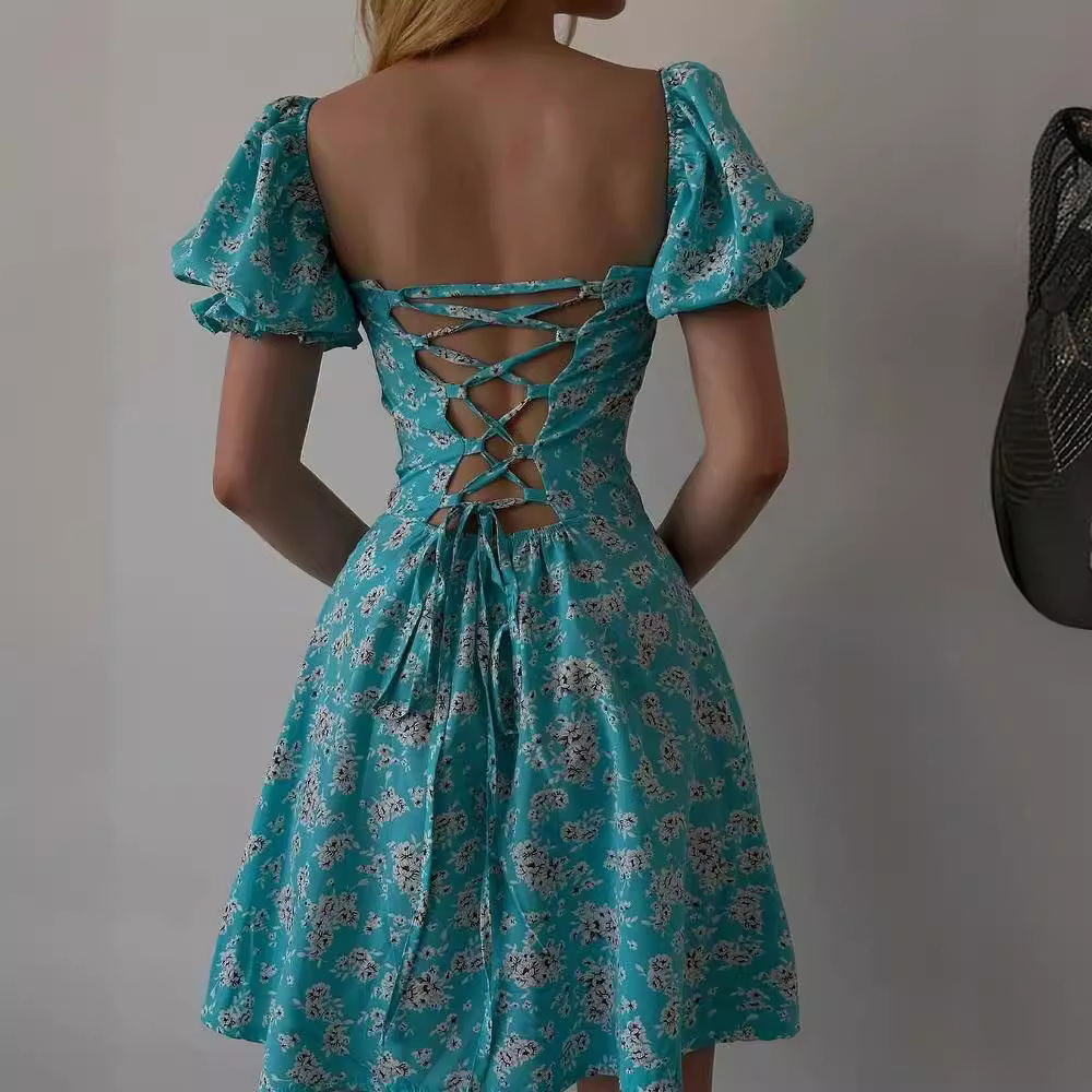 Picture of 2025 spring and summer clothing European and American Amazon foreign trade women's lace-up retro floral high waist bubble sleeve French dress
