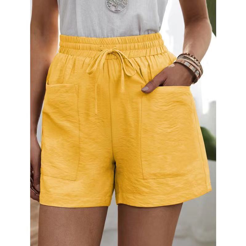 Picture of European and American Cross-Border Wish Summer Women's Popular Linen Texture Casual Shorts with Pockets, Solid Color, Plus Size, High-Waisted Wide-Leg Pants