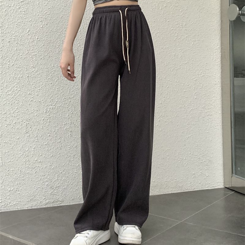 Picture of Grooved Cotton Velvet Smiley Face Double Drawstring Wide-Leg Pants for Women, Spring and Autumn High-Waist Drapey Loose Straight Ultra-Thin Stripe Casual Pants