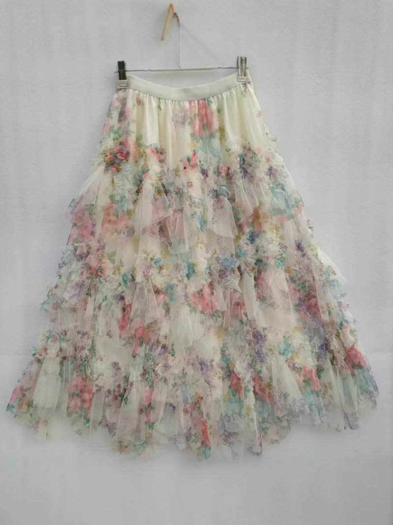 European and American Cross-border Amazon Heavy Industry Splicing Printed Mesh Yarn Cake Skirt Skirt Women's New Floral Poncho Long Skirt
