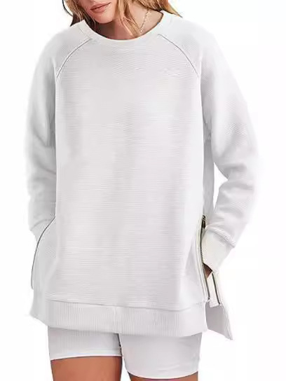 2025 European and American Outer Size Cross-Border Women's Clothing Amazon's Popular Round Neck Pullover Side Zipper Casual Loose Long-Sleeved Sweatshirt