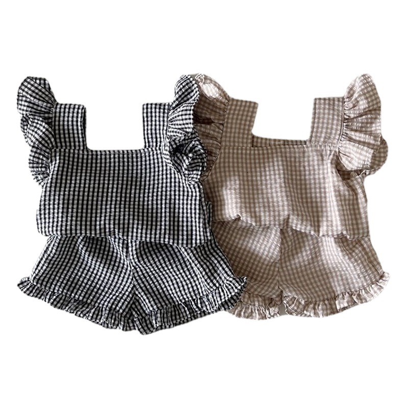 Girls' Fungus Suspender Set Korean Style Children's Clothing Summer Thin Girl Plaid Suit Baby Summer Two-Piece Set