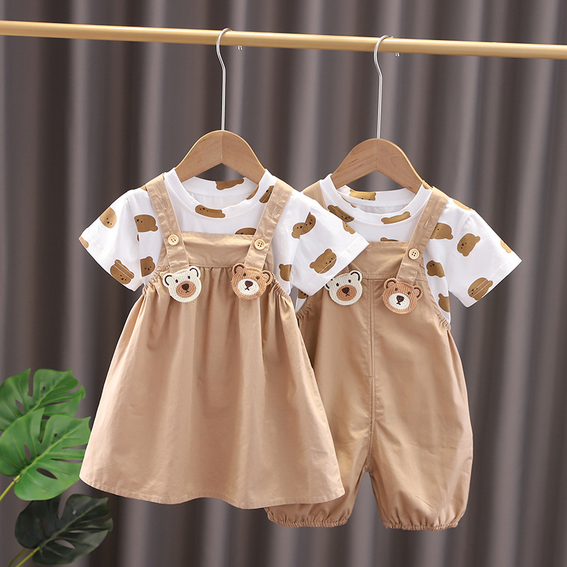 Summer New Children's Sister and Brother's Strap Suit for Boys and Girls Summer Clothes Comfortable and Breathable Two-piece Outfit for Children